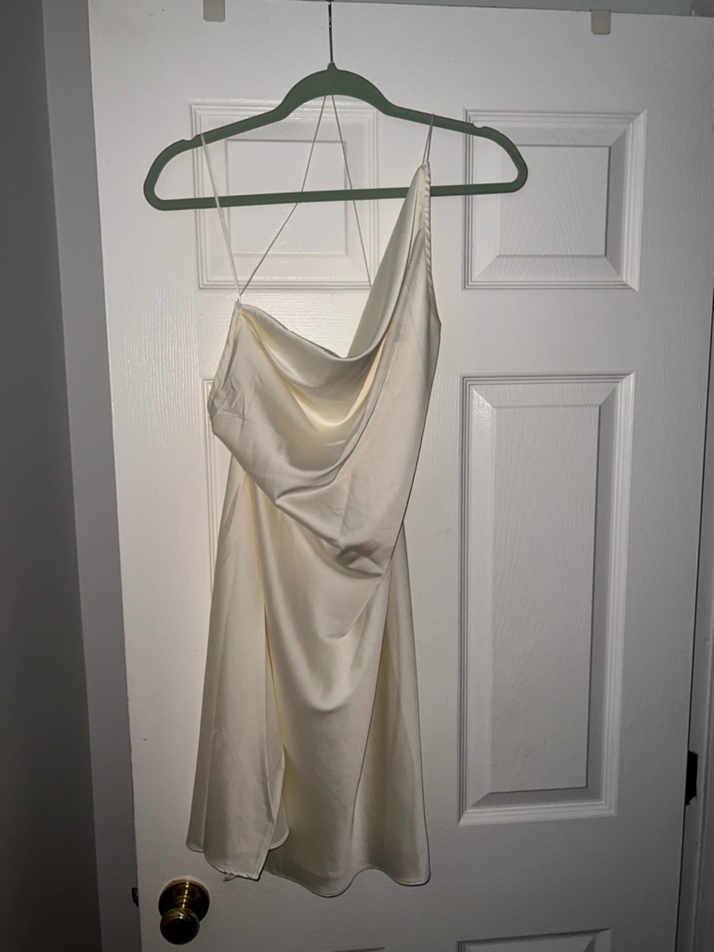 Fashion Nova One-Shoulder Satin Slip Dress in Ivory